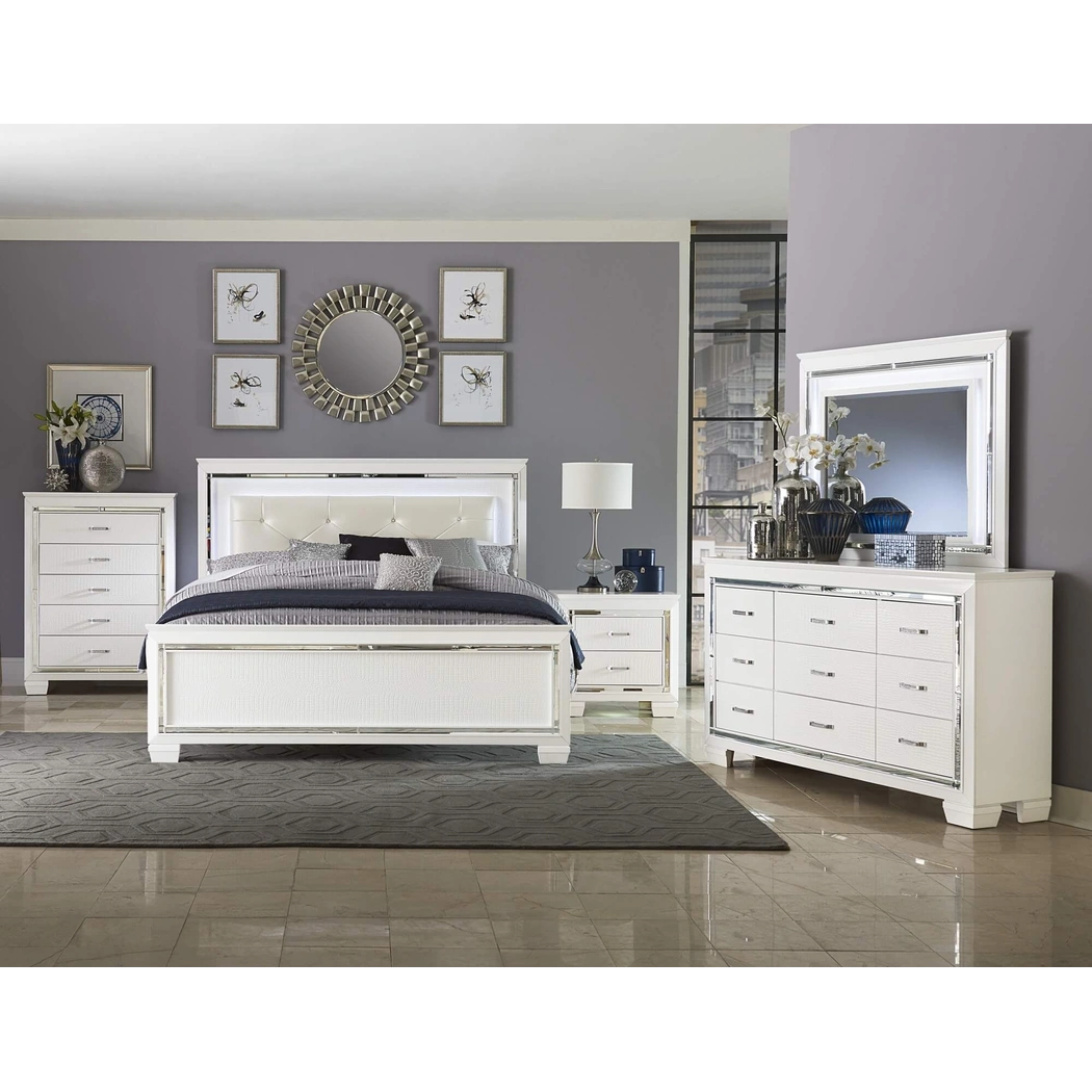 Allura Leatherette/Faux Alligator LED Panel Bed, Queen Size, White by